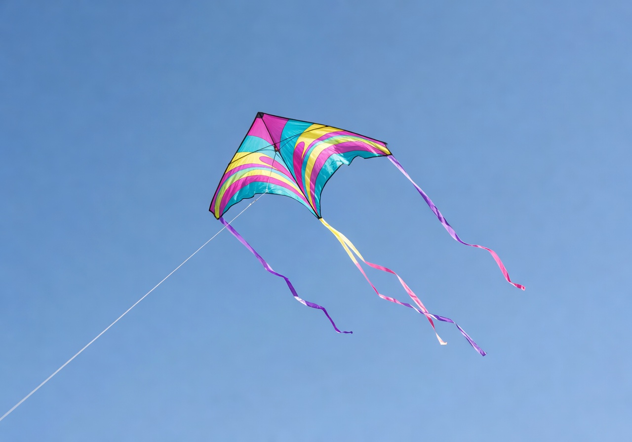 Beautiful colorful kite flying in a bright sunny sky
